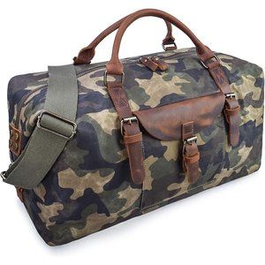 Travel Duffel Bag Waterproof Canvas Genuine Leather Weekend Bag Hand Bag Camo